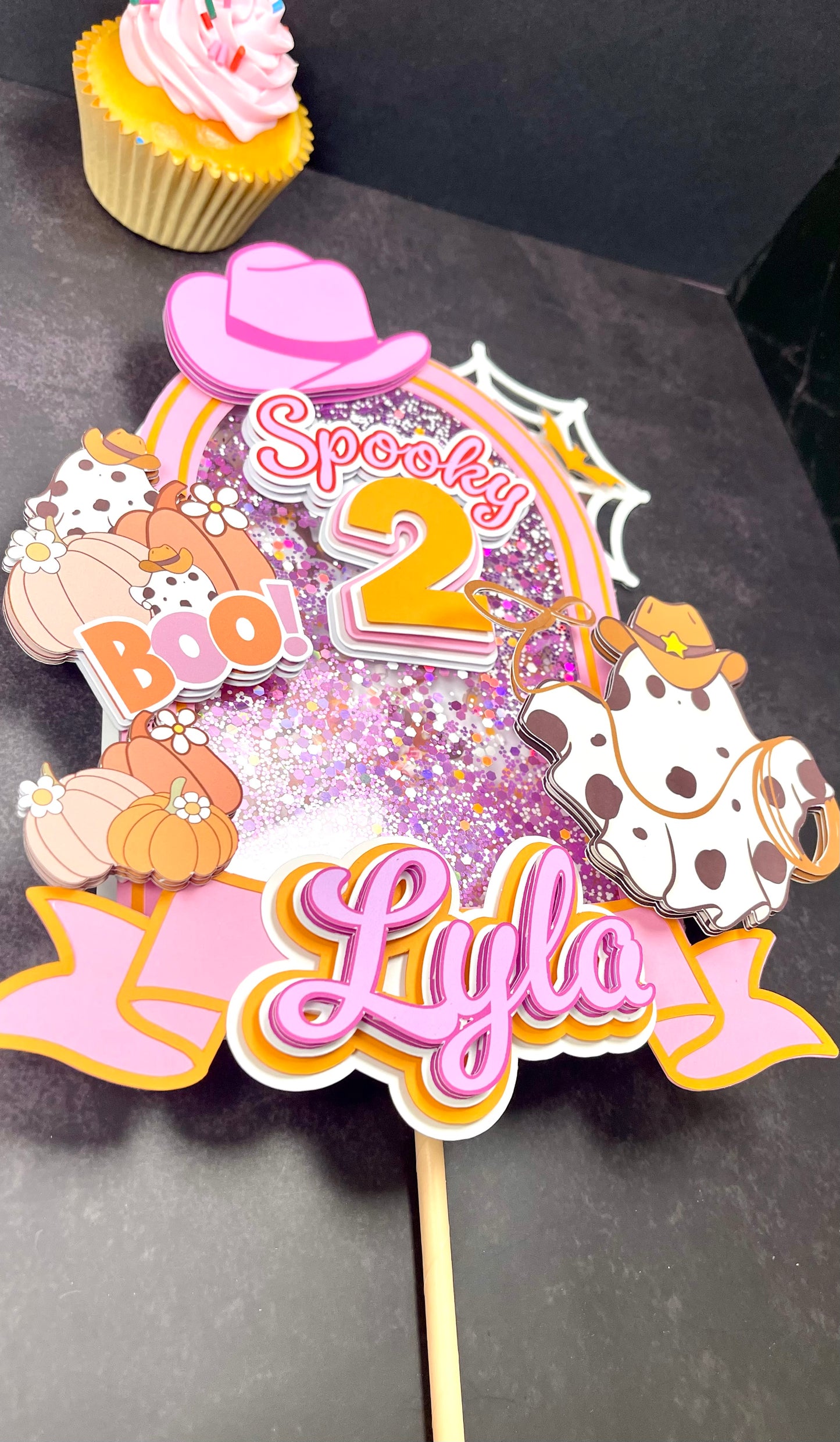 Spooky Cowgirl Birthday Cake Topper – Halloween Cowgirl Party Decor, Pink Western Birthday Topper, Personalized Name Cake Decoration