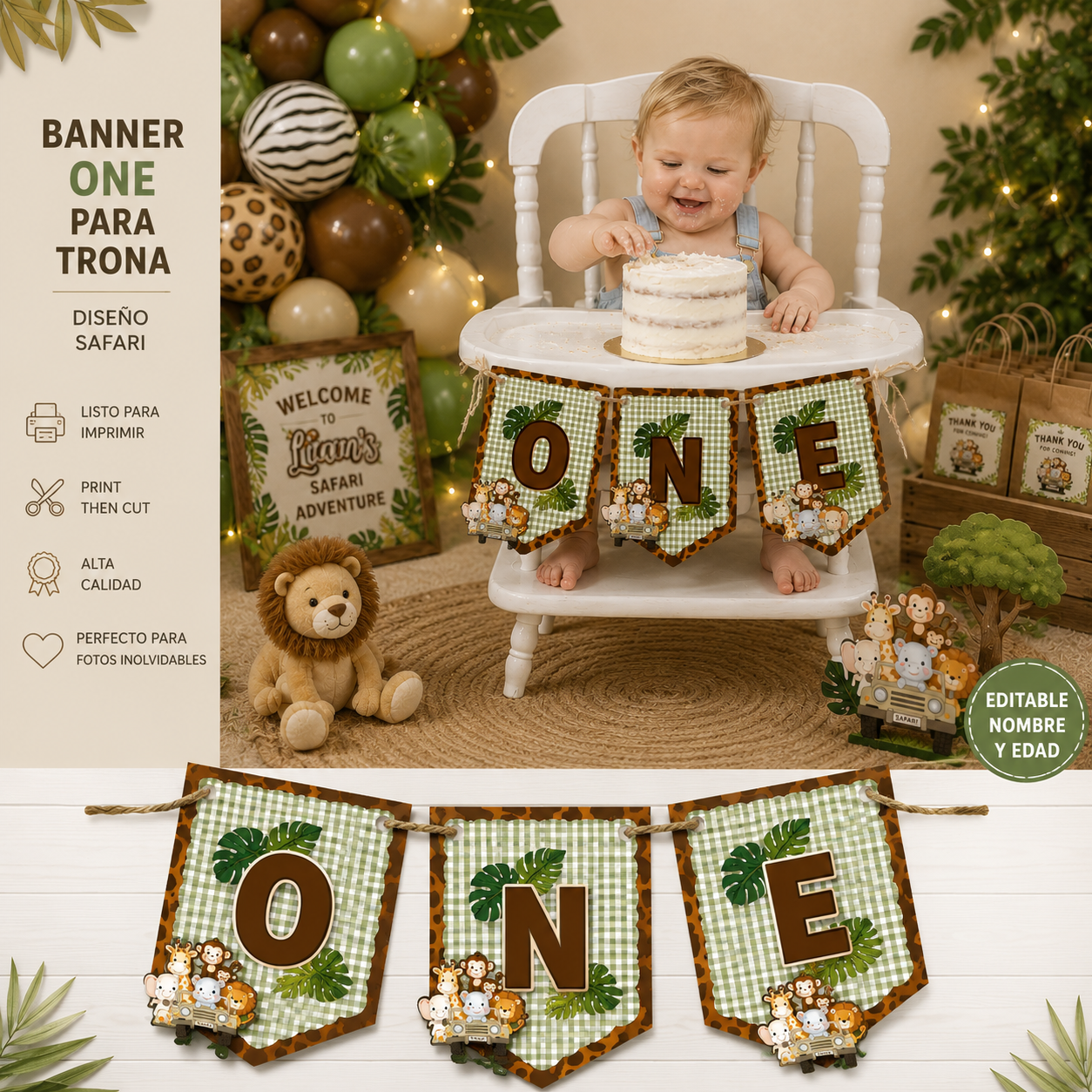 Personalized Safari High Chair Banner | Jungle First Birthday Banner | Cake Smash Decoration