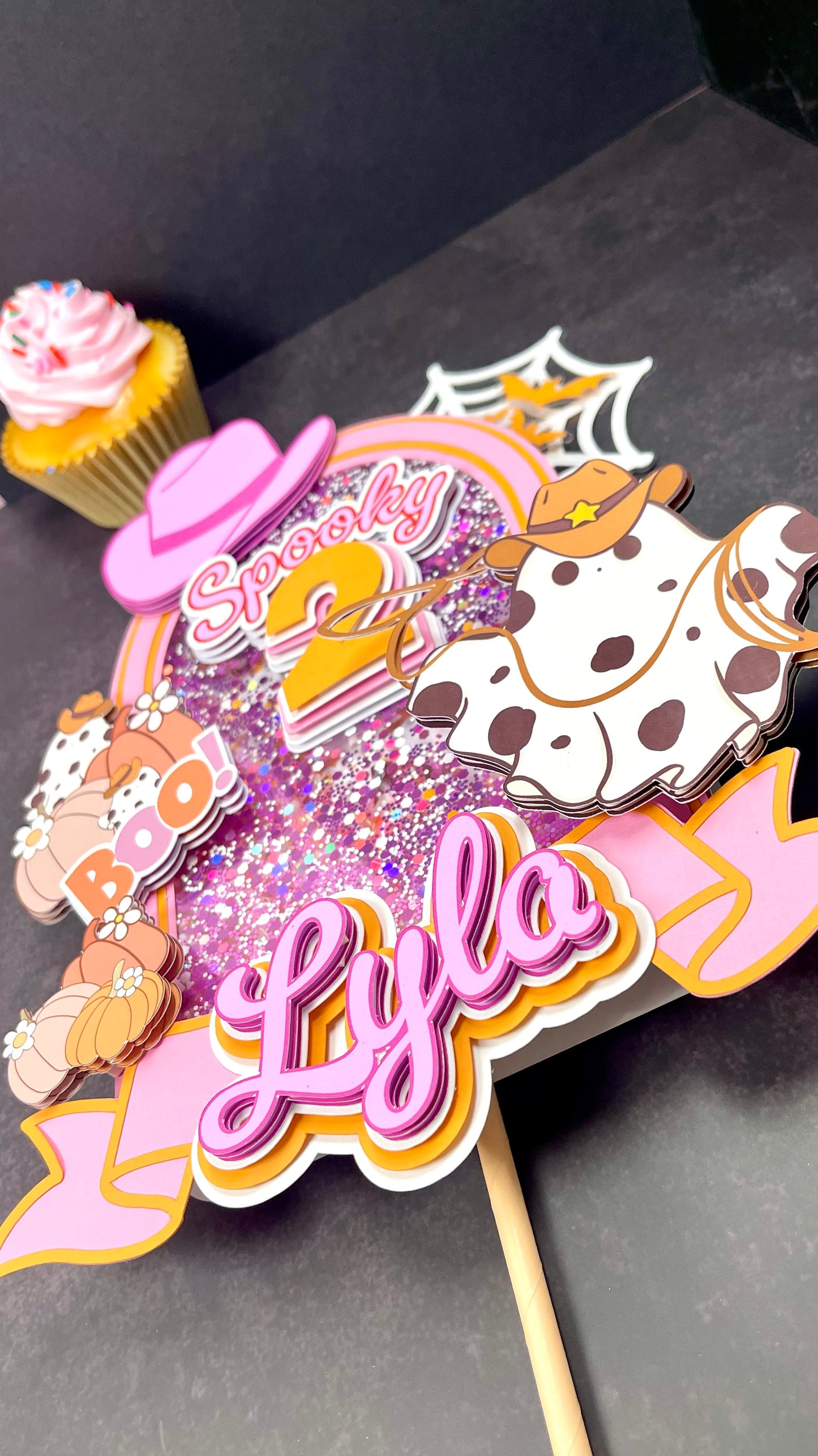 Spooky Cowgirl Birthday Cake Topper – Halloween Cowgirl Party Decor, Pink Western Birthday Topper, Personalized Name Cake Decoration