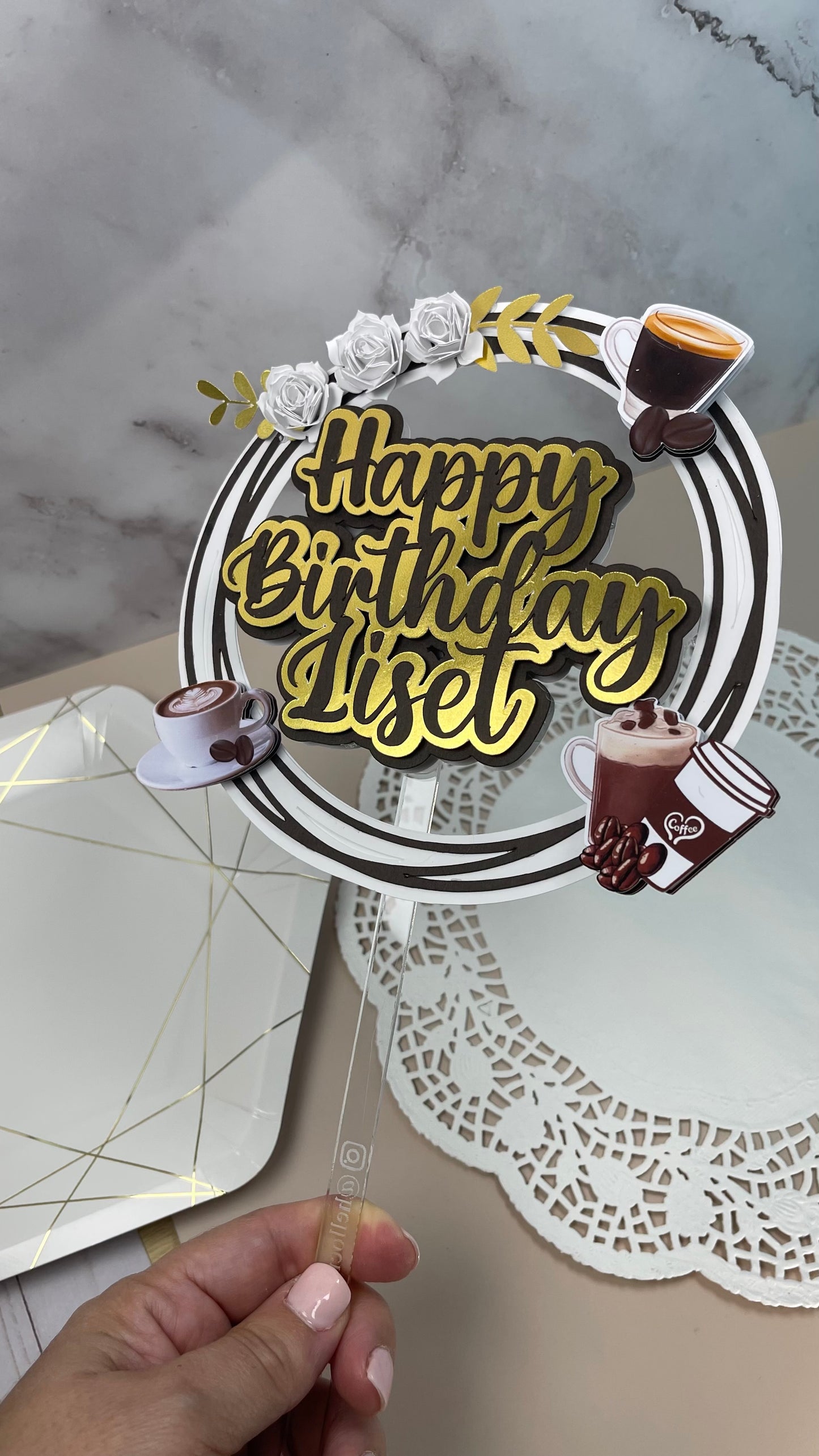 Happy Birthday Cake Topper Coffee Theme Personalized | Coffee Lover Birthday Decoration | Custom Name Cake Topper with Gold Accents