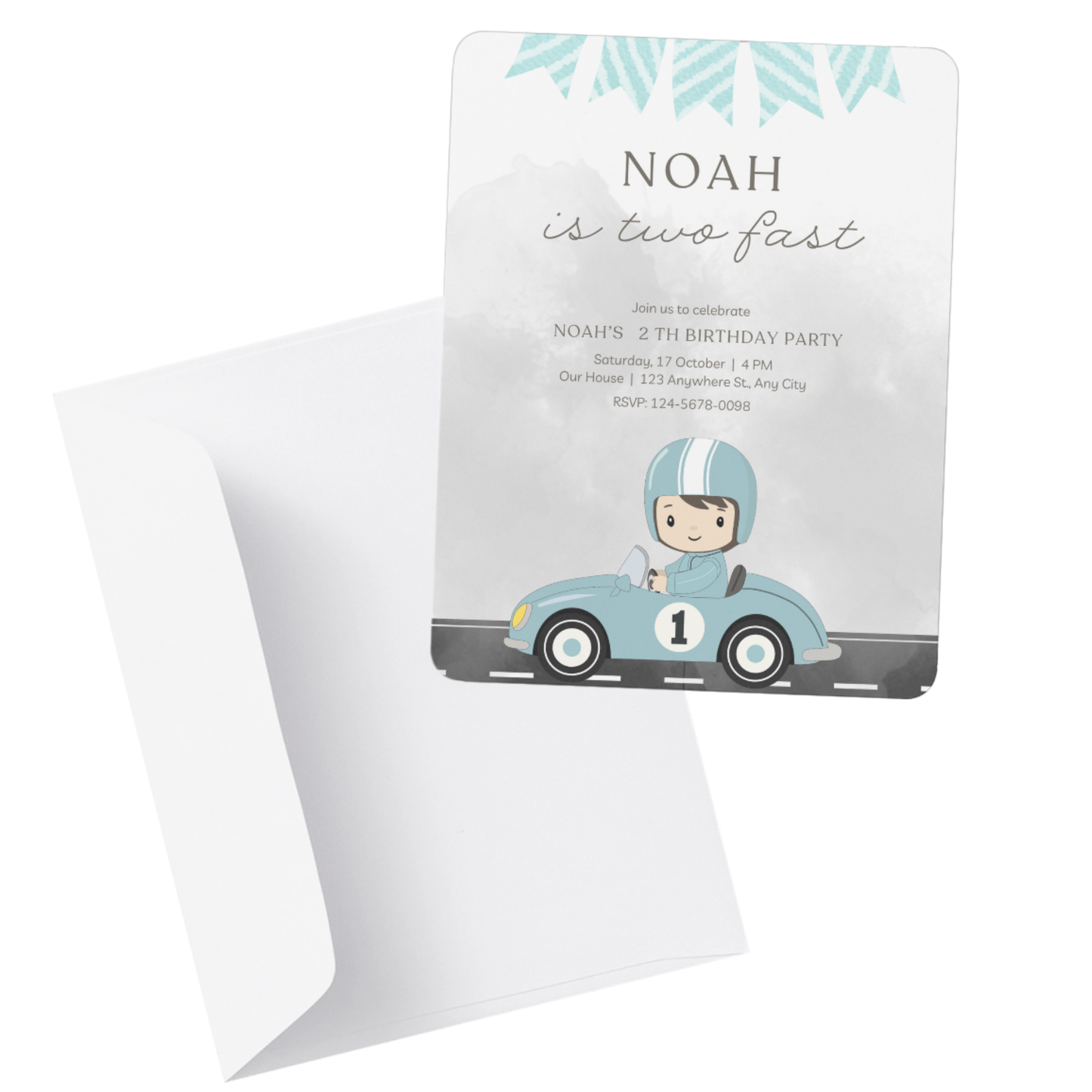 Racing Birthday Invitation | Two Fast | Blue Car | Editable and Personalized | 2-Year-Old Boy | Printable PDF/JPG