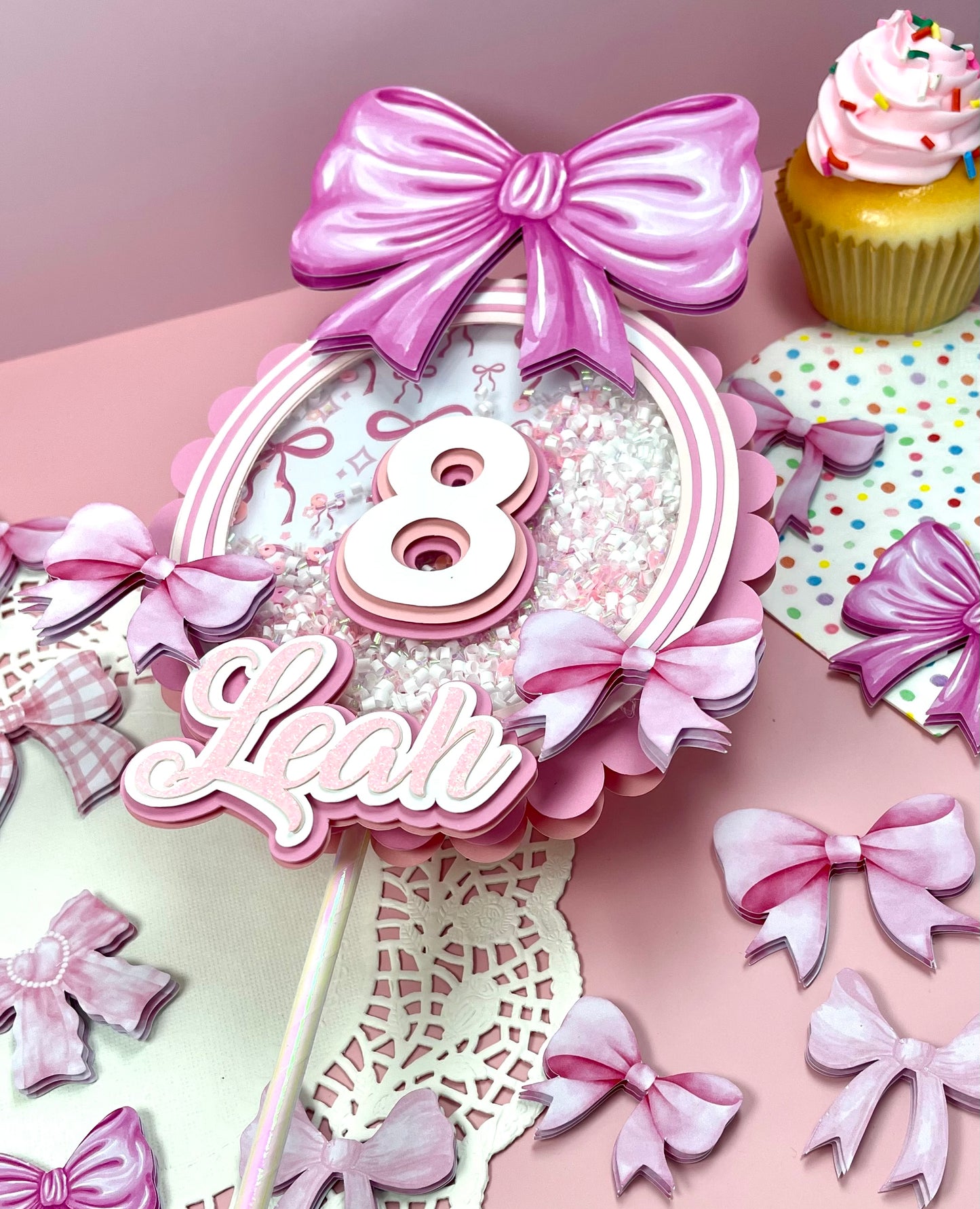 Pink Bow Birthday Topper | Personalized Shaker Cake Topper with Name & Age | Pastel Girl Party Decoration | Handmade 3D Topper for Kids