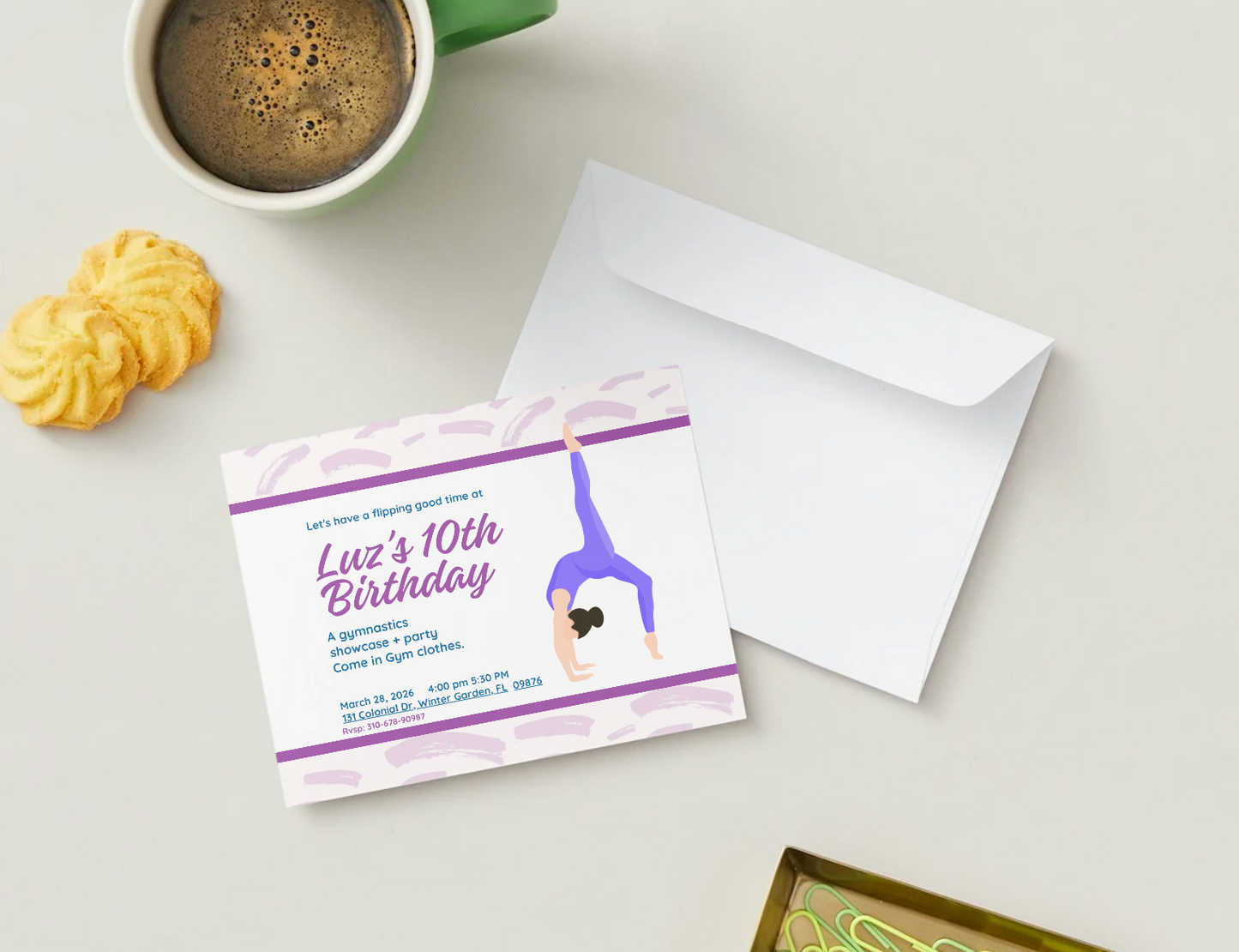 Gymnastics Birthday Invitation | Personalized Girl Birthday Invitation | Printed Invitations with Envelopes | Gymnast Invitation