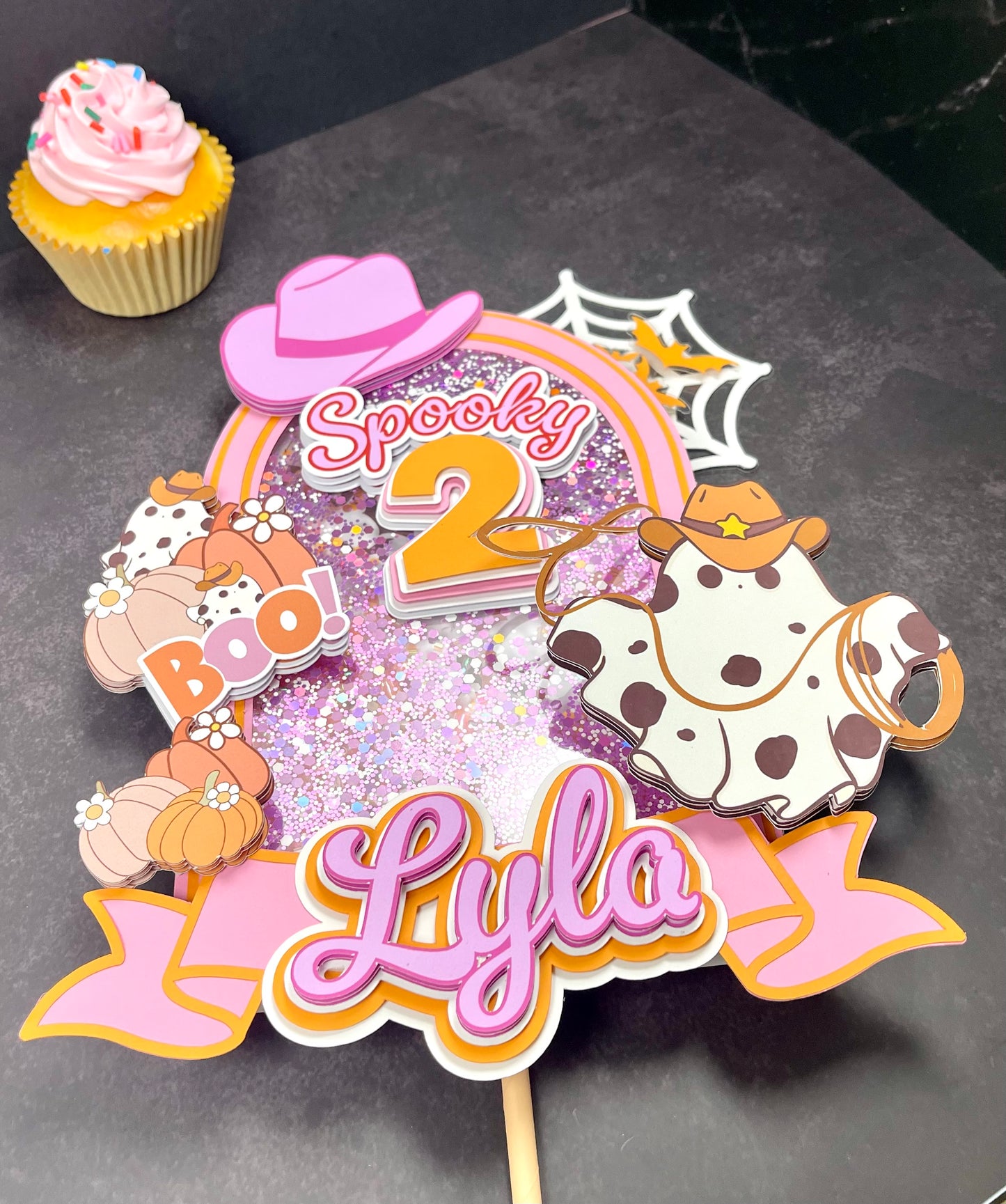 Spooky Cowgirl Birthday Cake Topper – Halloween Cowgirl Party Decor, Pink Western Birthday Topper, Personalized Name Cake Decoration