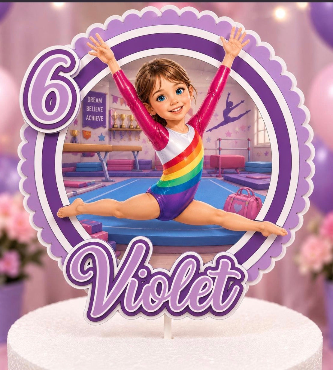 Personalized Gymnastics Cake Topper with Name and Age – Gymnast Birthday Cake Topper – Girl Gymnast Party Decor – Custom Shaker Topper