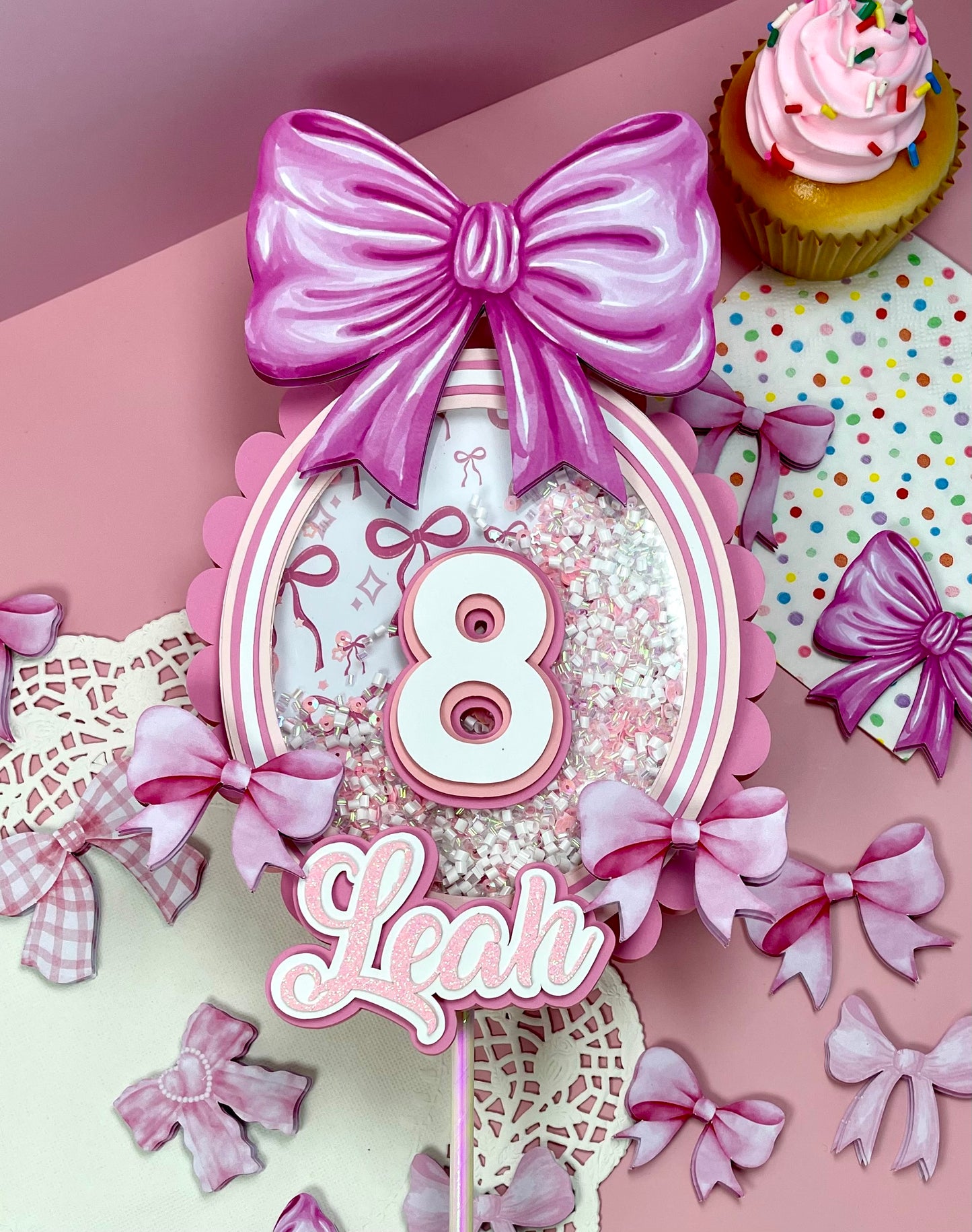 Pink Bow Birthday Topper | Personalized Shaker Cake Topper with Name & Age | Pastel Girl Party Decoration | Handmade 3D Topper for Kids