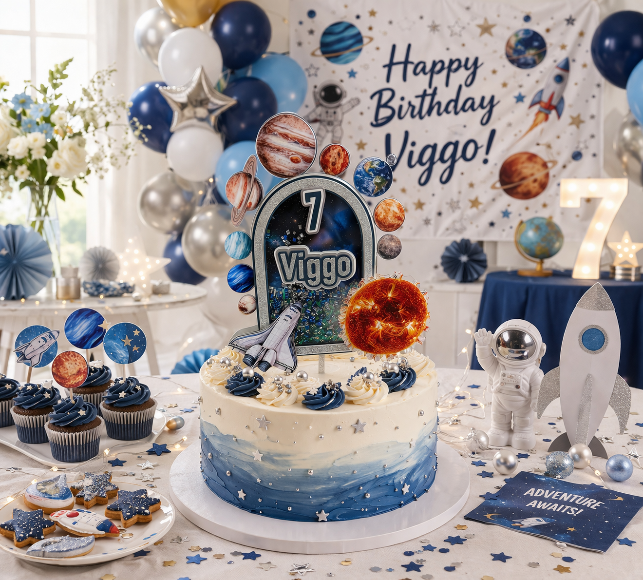 Space Cake Topper Personalized | Solar System Birthday | Custom Name & Age | Astronaut Rocket Theme | Boys Birthday Decor