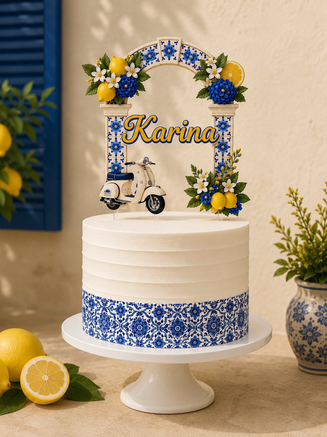 Mediterranean Lemon Birthday Cake Topper | Italian Lemon Party Decorations | Blue Tile Citrus Cake Topper | Personalized Lemon Birthday Decor