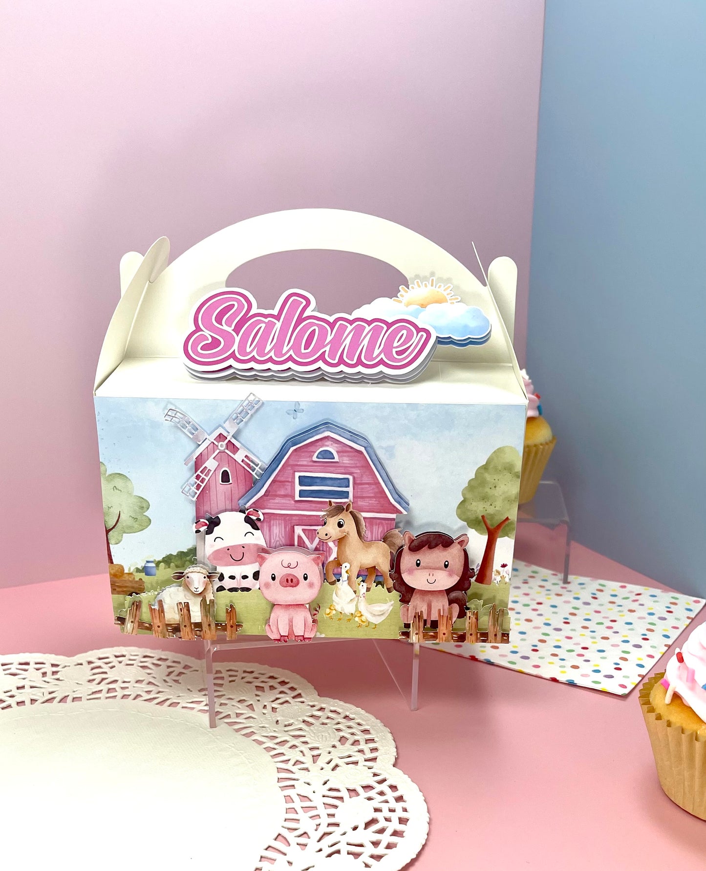 Farm Animals Party Favor Box | Personalized Barnyard Treat Box with Name | Cute Pastel Farm Theme | Handmade Party Decoration for Kids