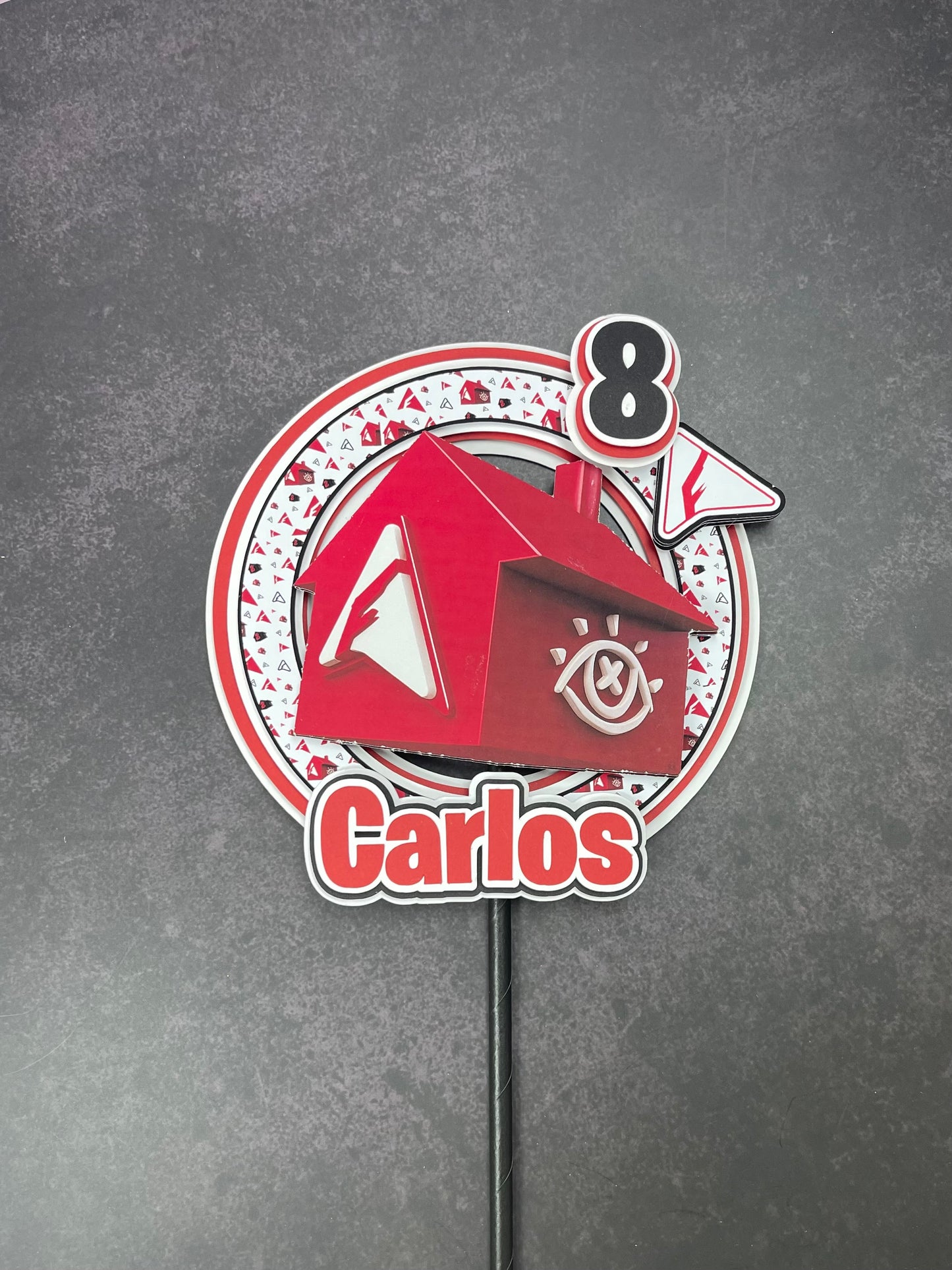 Reality House Style 3D Cake Topper – Casa Roja – Nombre y Edad Personalizados – Urban Theme Birthday Decoration