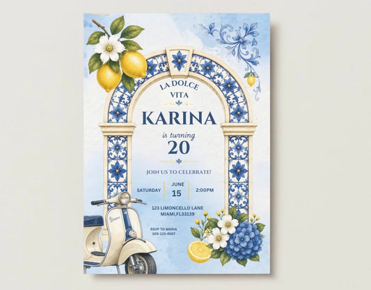 Mediterranean Lemon Party Invitation | Italian Tile Invitation | Dolce Vita Birthday Invite | Editable Canva Template | Instant Download