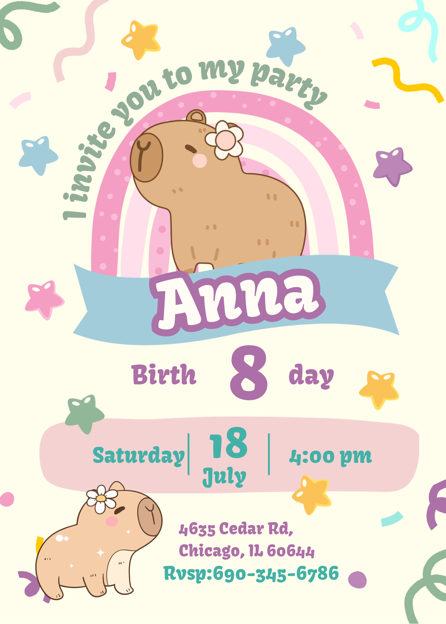 Capybara Birthday Invitation Template | Cute Kawaii Pastel Rainbow Party Invite | Editable Canva Digital Download