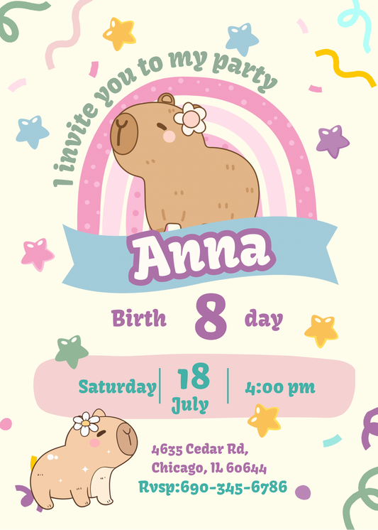 Capybara Birthday Invitation Template | Cute Kawaii Pastel Rainbow Party Invite | Editable Canva Digital Download