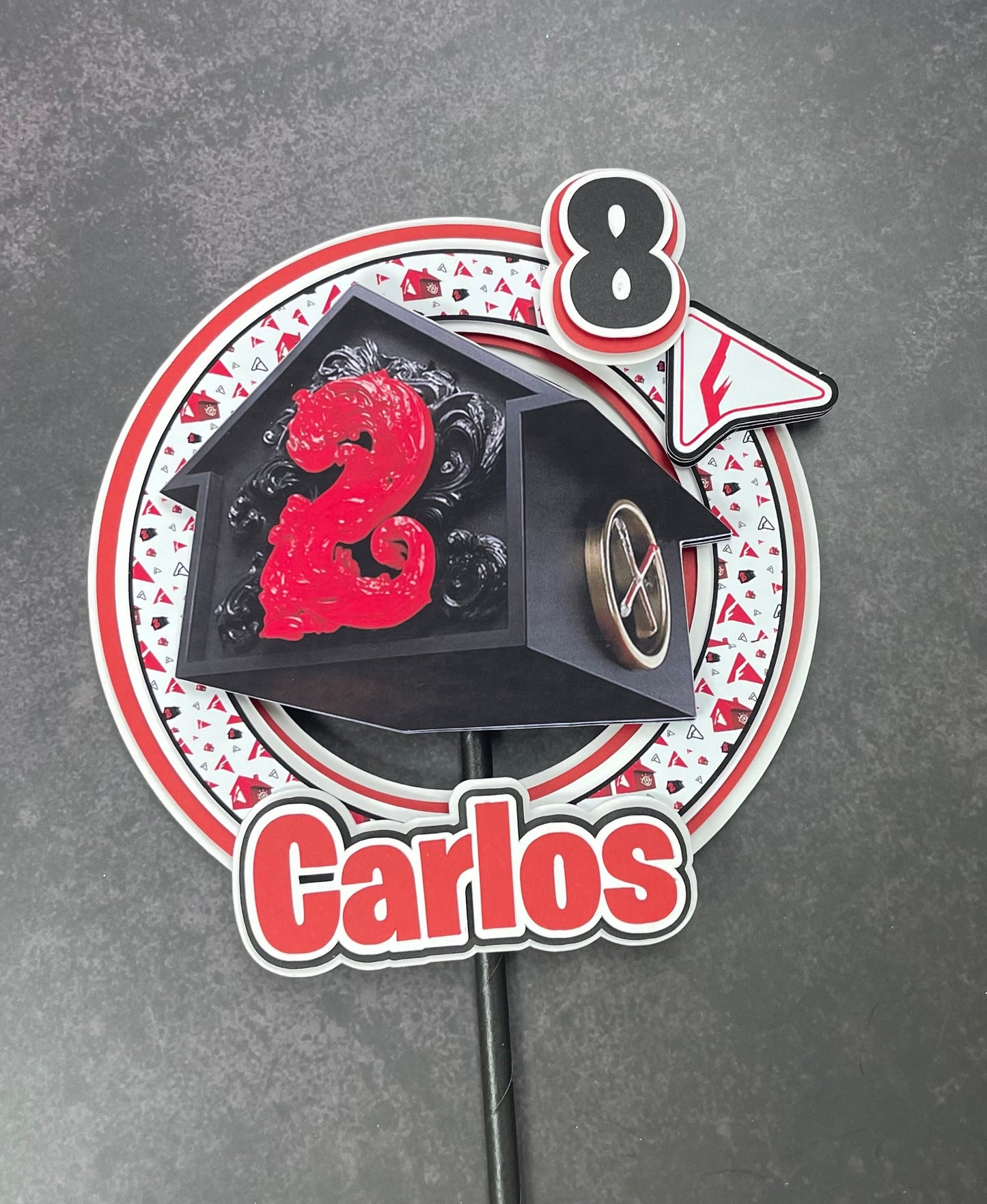 Reality House Style 3D Cake Topper – Casa Roja – Nombre y Edad Personalizados – Urban Theme Birthday Decoration