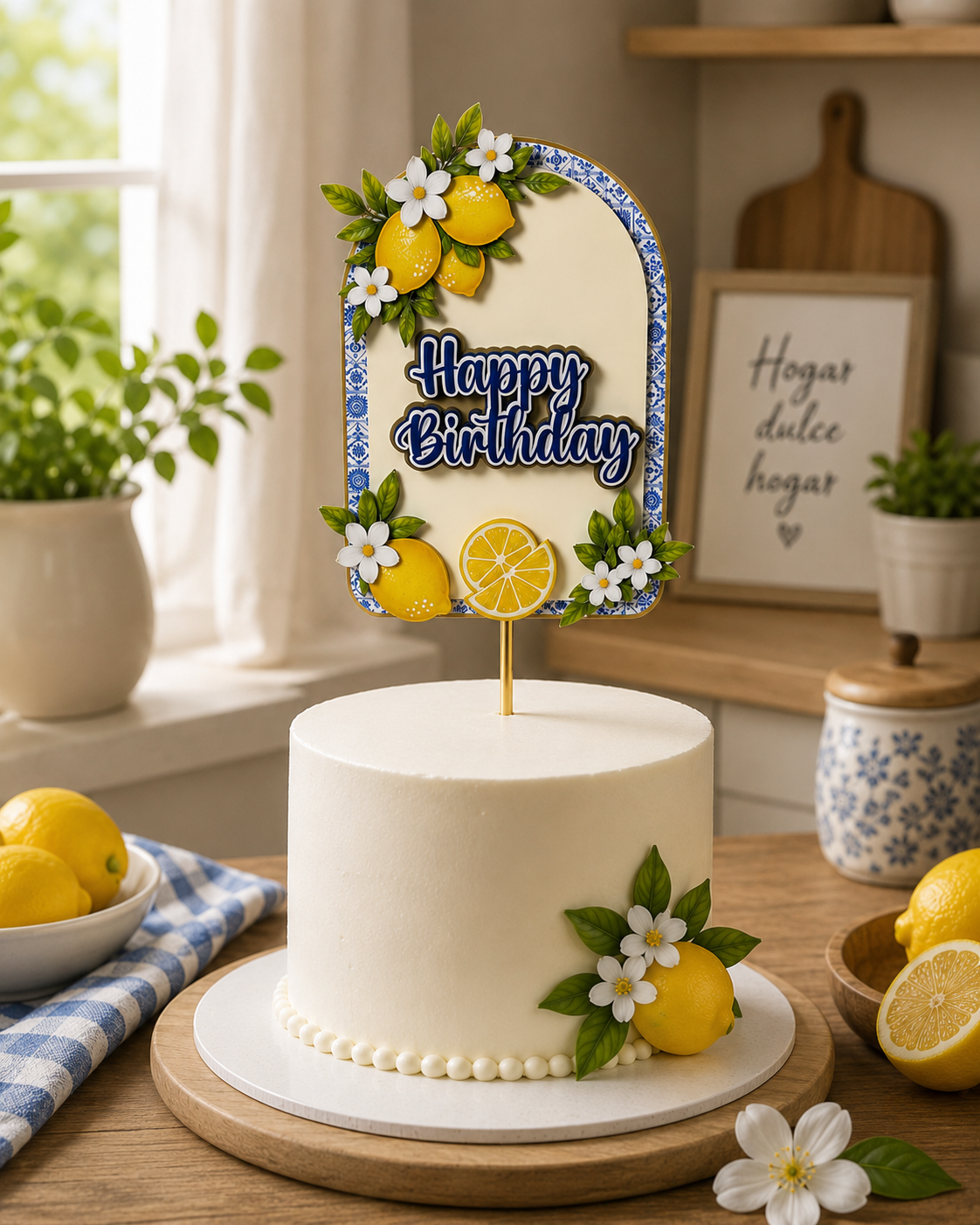 Mediterranean Lemon Birthday Cake Topper | Italian Lemon Party Decorations | Blue Tile Citrus Cake Topper | Personalized Lemon Birthday Decor