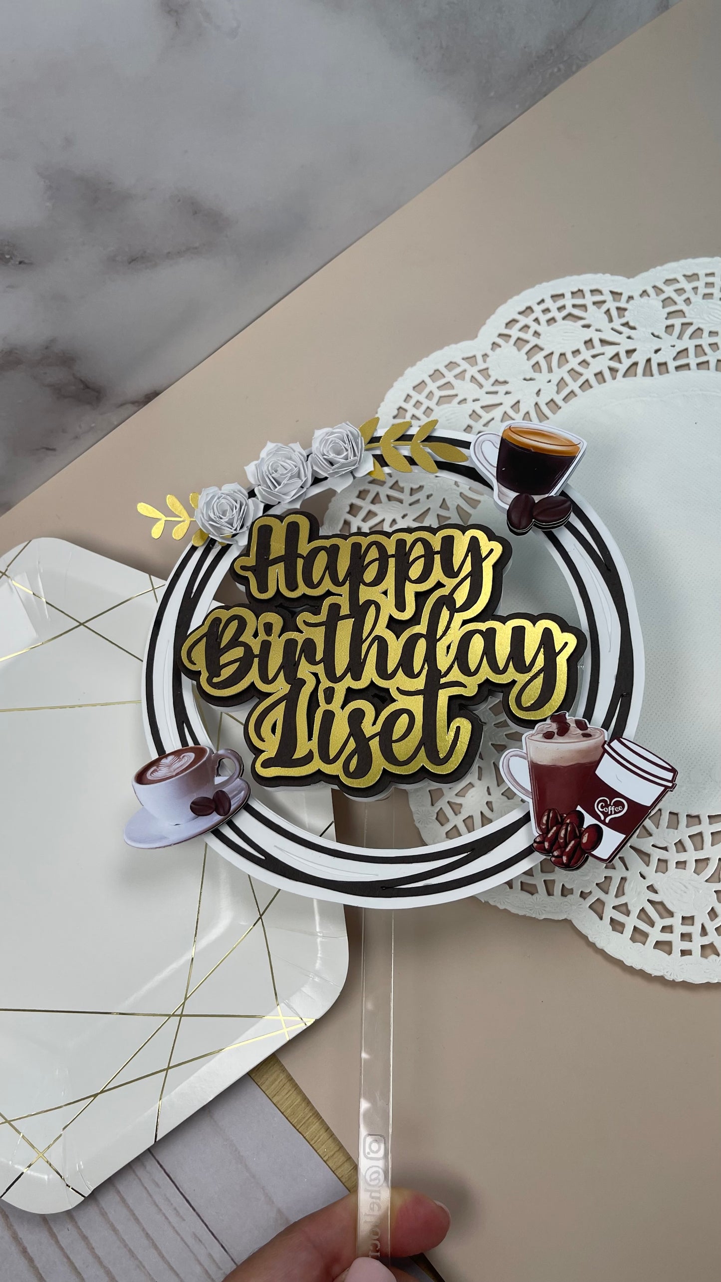 Happy Birthday Cake Topper Coffee Theme Personalized | Coffee Lover Birthday Decoration | Custom Name Cake Topper with Gold Accents