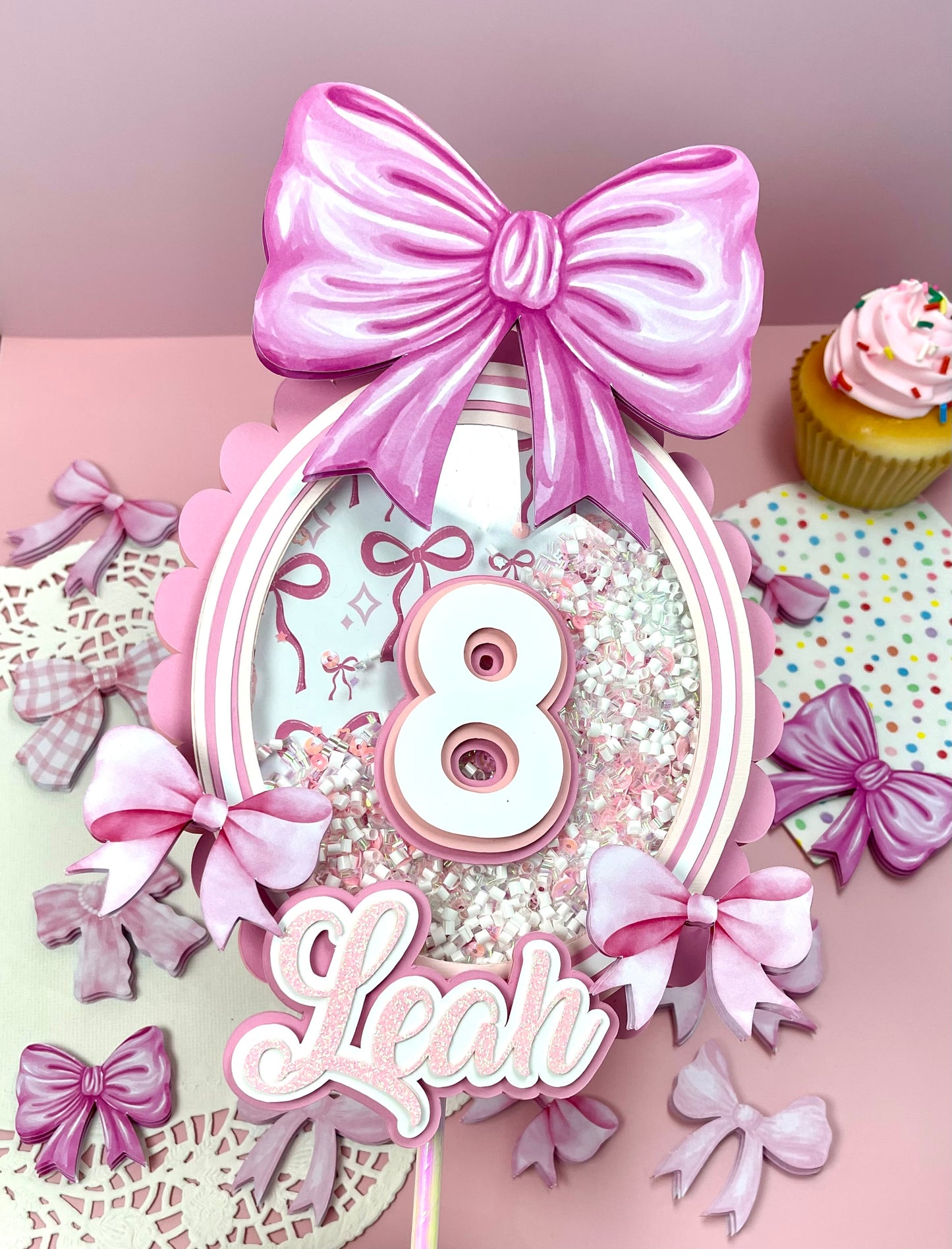 Pink Bow Birthday Topper | Personalized Shaker Cake Topper with Name & Age | Pastel Girl Party Decoration | Handmade 3D Topper for Kids