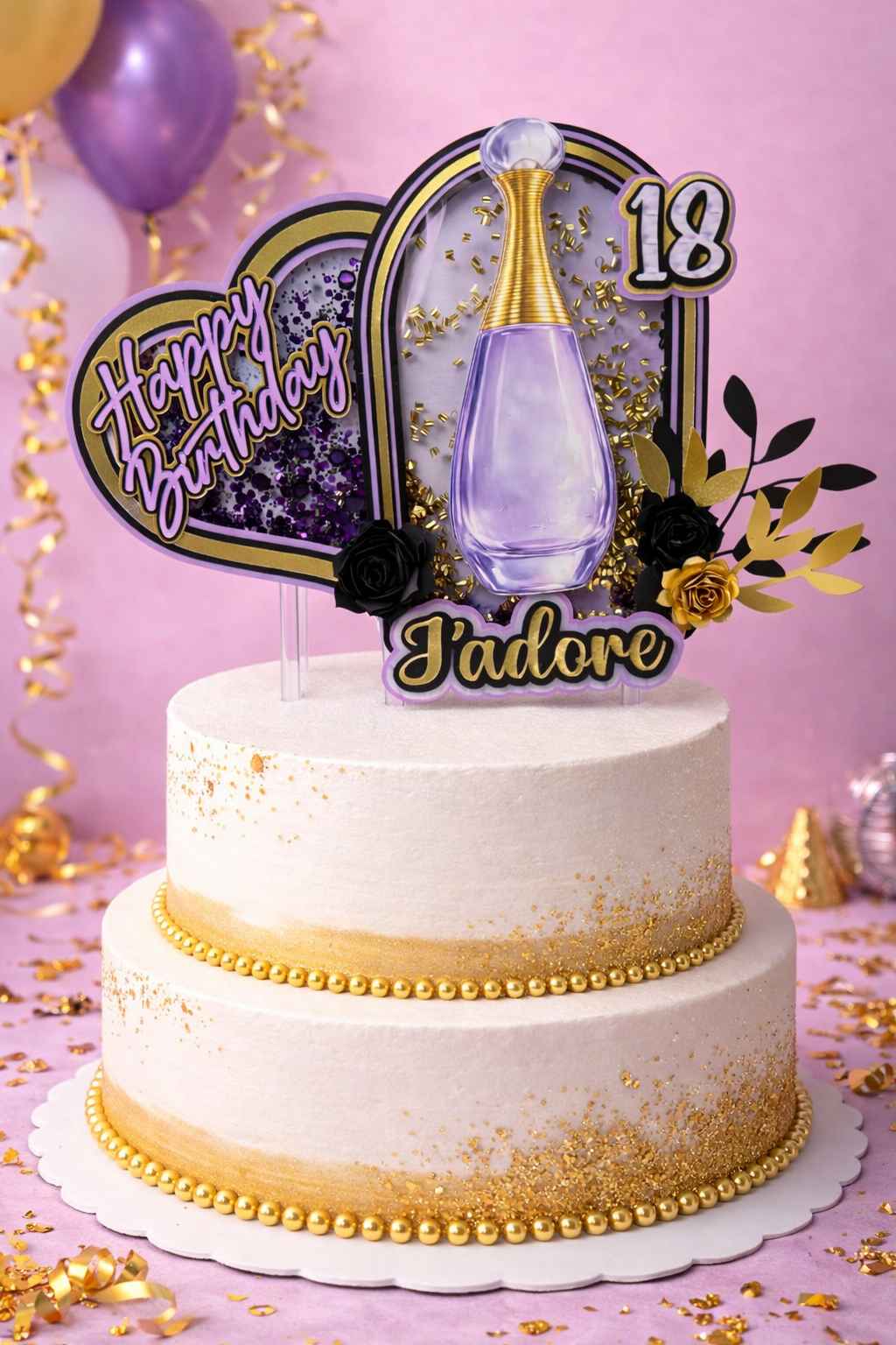 Purple & Gold Birthday Cake Topper | Dior Inspired Perfume Bottle | 18th Birthday Decor | Luxury Glam Party | Personalized Name Topper