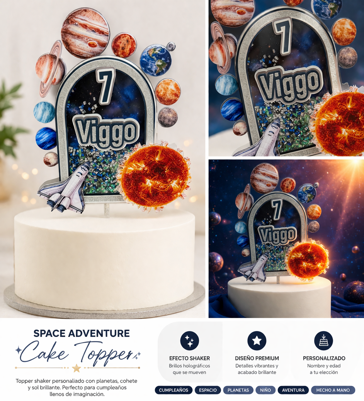 Space Cake Topper Personalized | Solar System Birthday | Custom Name & Age | Astronaut Rocket Theme | Boys Birthday Decor