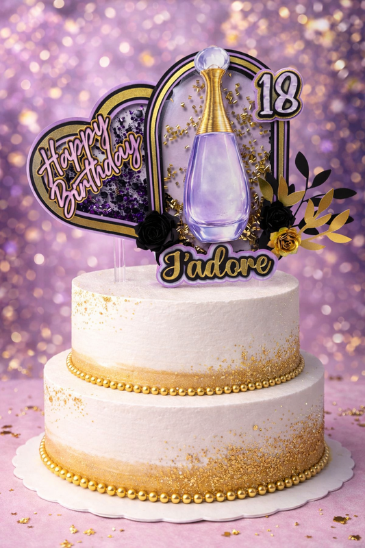 Purple & Gold Birthday Cake Topper | Dior Inspired Perfume Bottle | 18th Birthday Decor | Luxury Glam Party | Personalized Name Topper