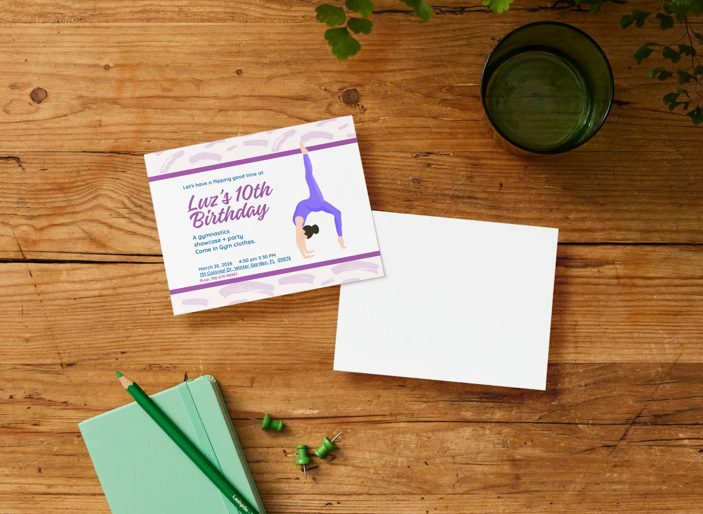 Gymnastics Birthday Invitation | Personalized Girl Birthday Invitation | Printed Invitations with Envelopes | Gymnast Invitation