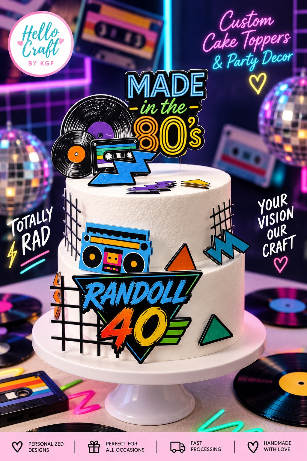 Personalized 80s retro birthday cake topper with custom name and age, vinyl records, cassette tapes, boombox and neon party decorations.