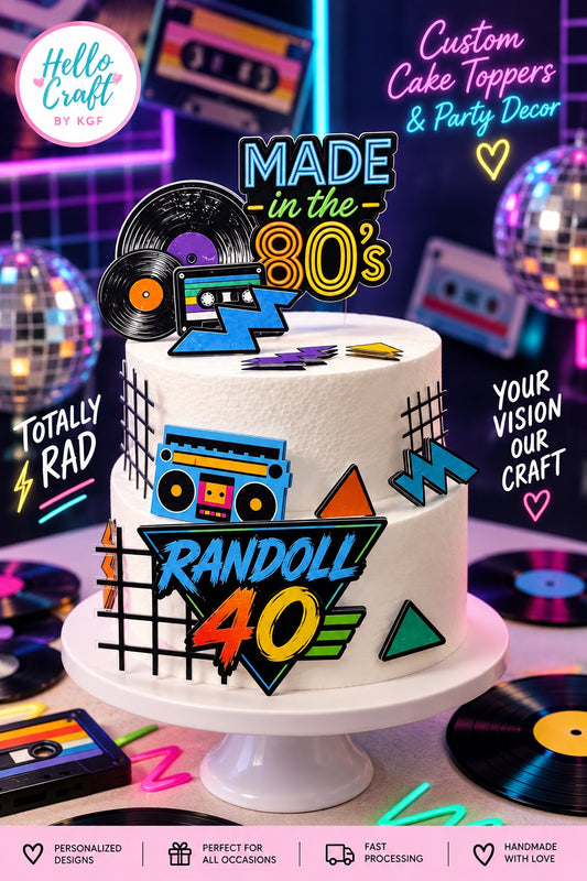 Personalized 80s retro birthday cake topper with custom name and age, vinyl records, cassette tapes, boombox and neon party decorations.