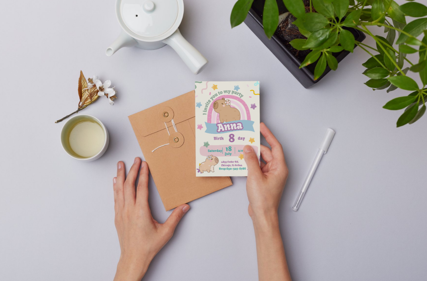 Capybara Birthday Invitation Template | Cute Kawaii Pastel Rainbow Party Invite | Editable Canva Digital Download