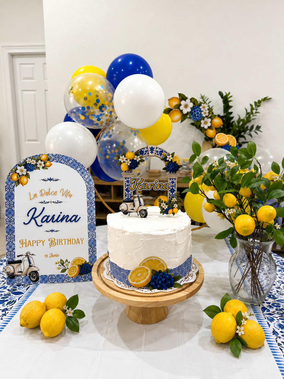 Mediterranean Lemon Birthday Cake Topper | Italian Lemon Party Decorations | Blue Tile Citrus Cake Topper | Personalized Lemon Birthday Decor