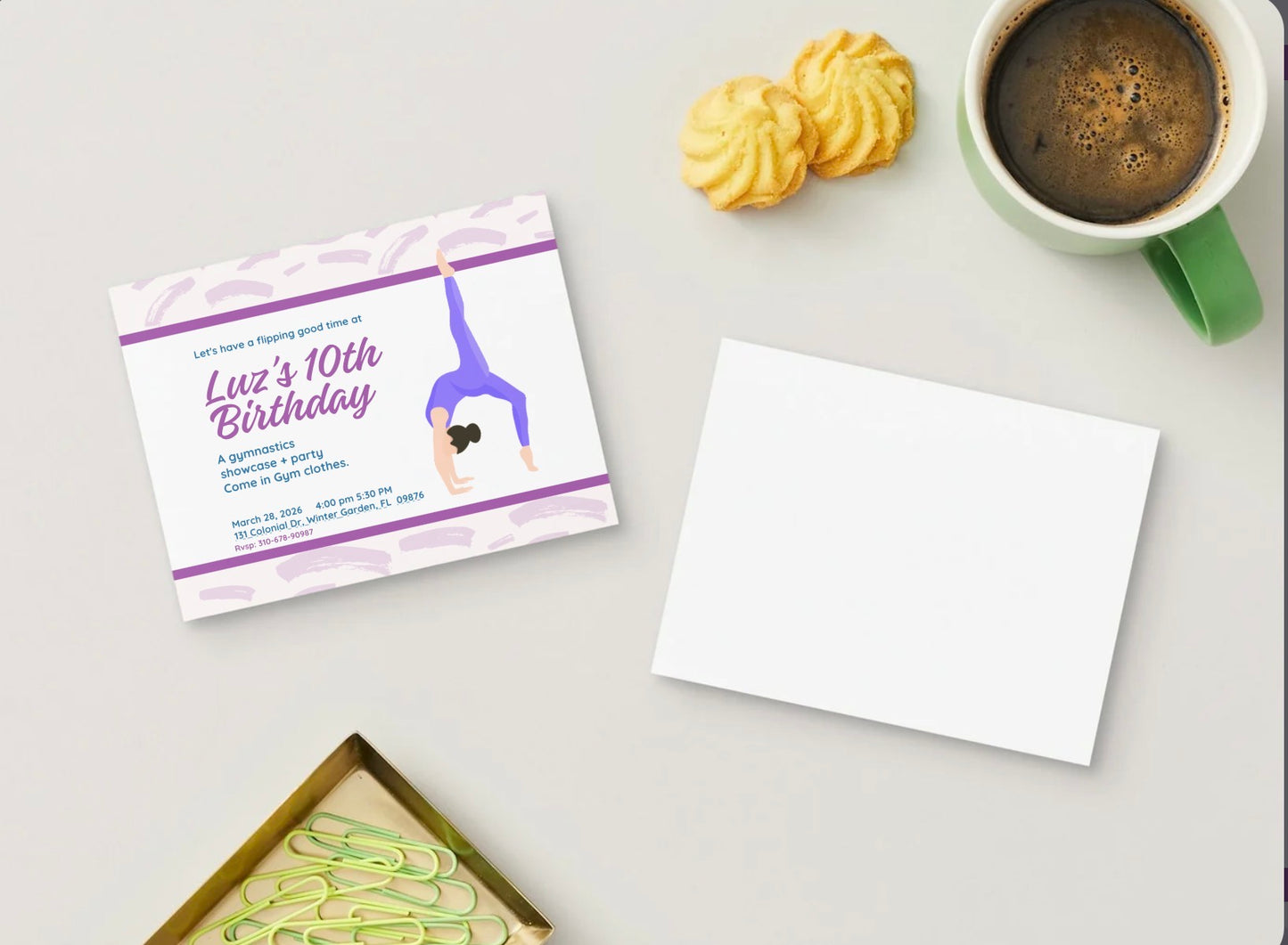 Gymnastics Birthday Invitation | Personalized Girl Birthday Invitation | Printed Invitations with Envelopes | Gymnast Invitation