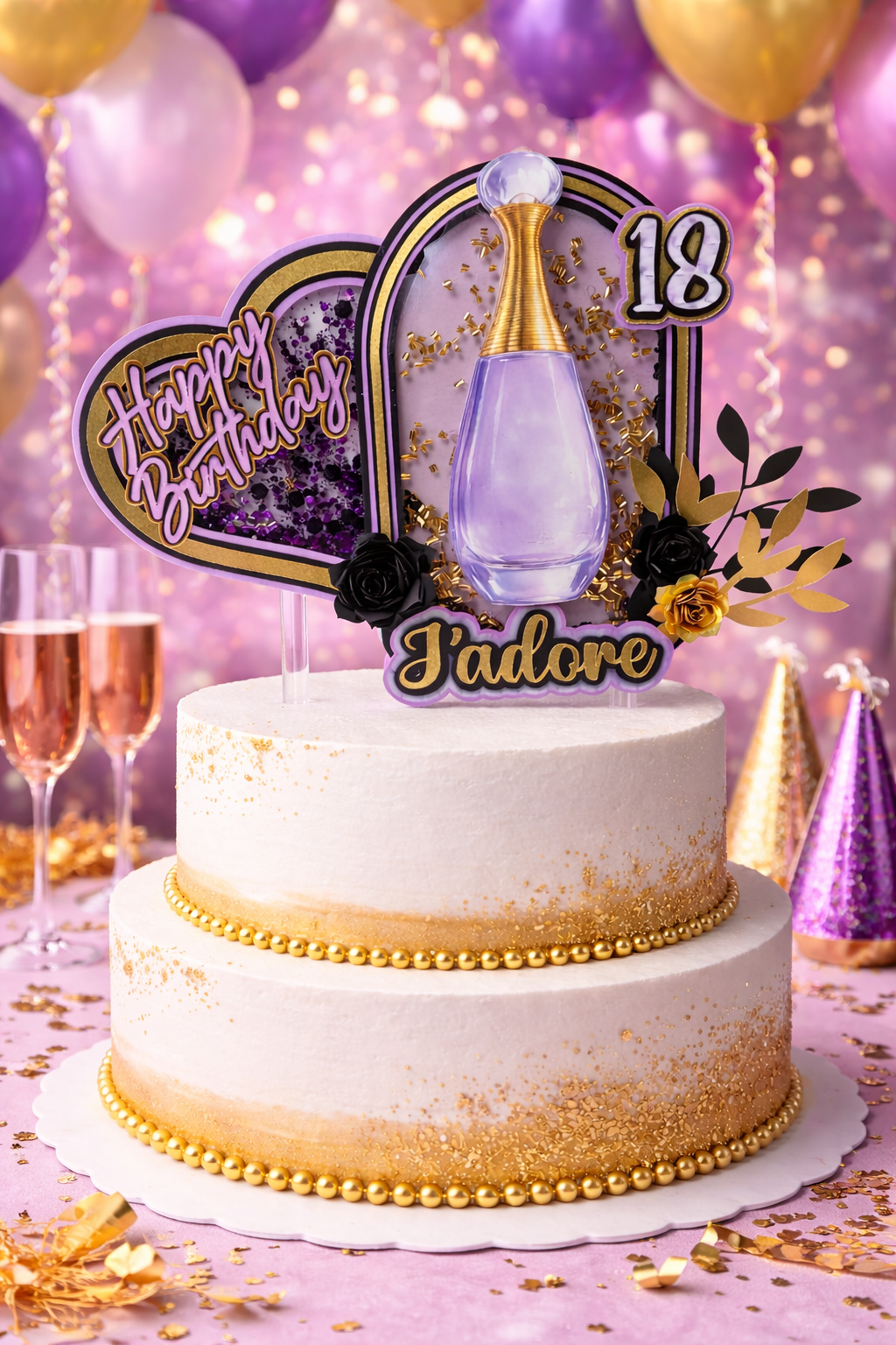 Purple & Gold Birthday Cake Topper | Dior Inspired Perfume Bottle | 18th Birthday Decor | Luxury Glam Party | Personalized Name Topper