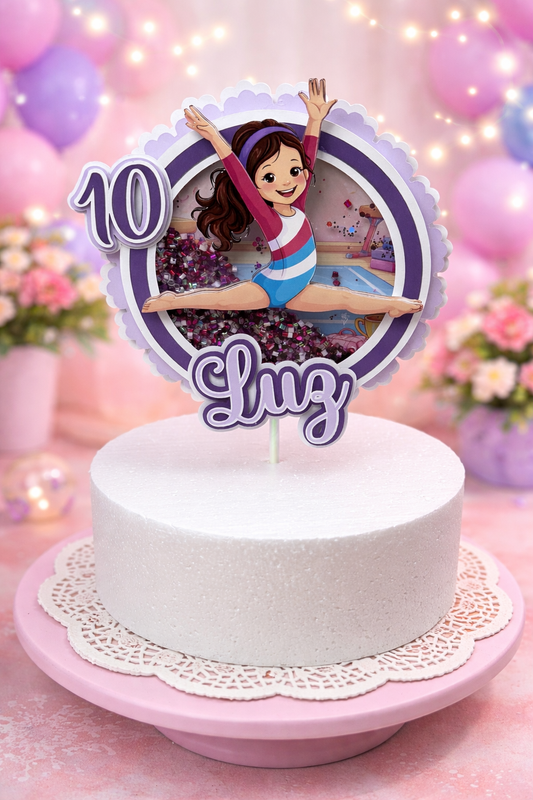Personalized Gymnastics Cake Topper with Name and Age – Gymnast Birthday Cake Topper – Girl Gymnast Party Decor – Custom Shaker Topper