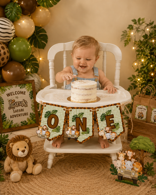 Personalized Safari High Chair Banner | Jungle First Birthday Banner | Cake Smash Decoration