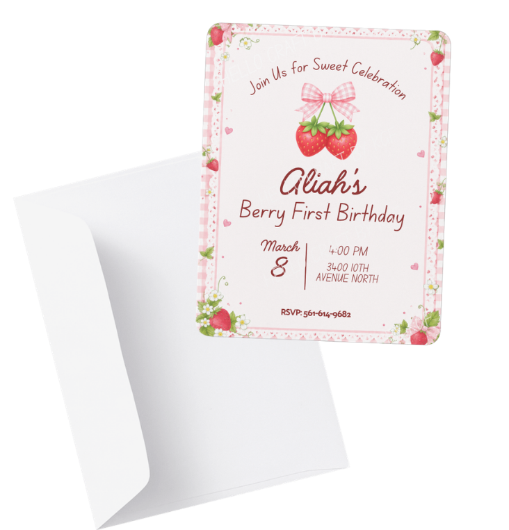 Berry First Birthday Invitation | Strawberry Shortcake Invitation | Pink Strawberry Birthday | Editable Template