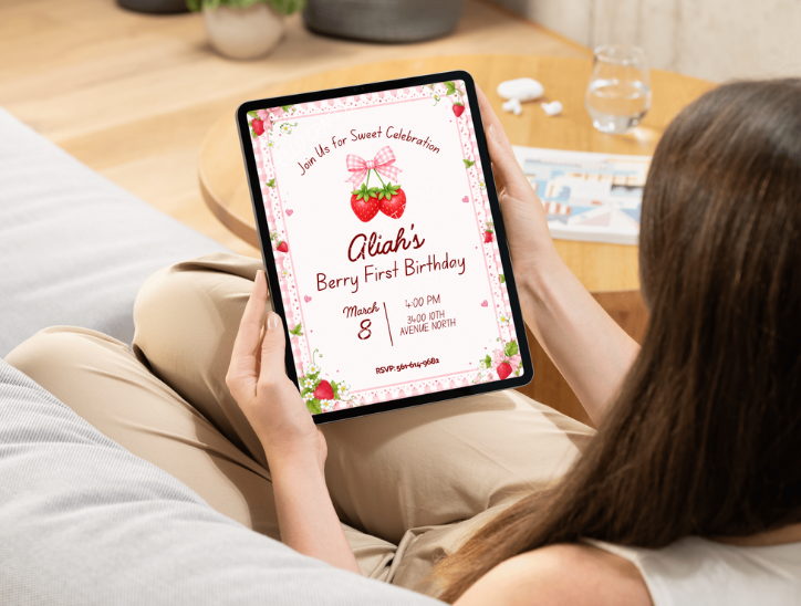 Berry First Birthday Invitation | Strawberry Shortcake Invitation | Pink Strawberry Birthday | Editable Template