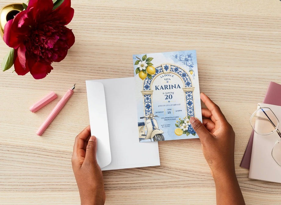 Mediterranean Lemon Party Invitation | Italian Tile Invitation | Dolce Vita Birthday Invite | Editable Canva Template | Instant Download