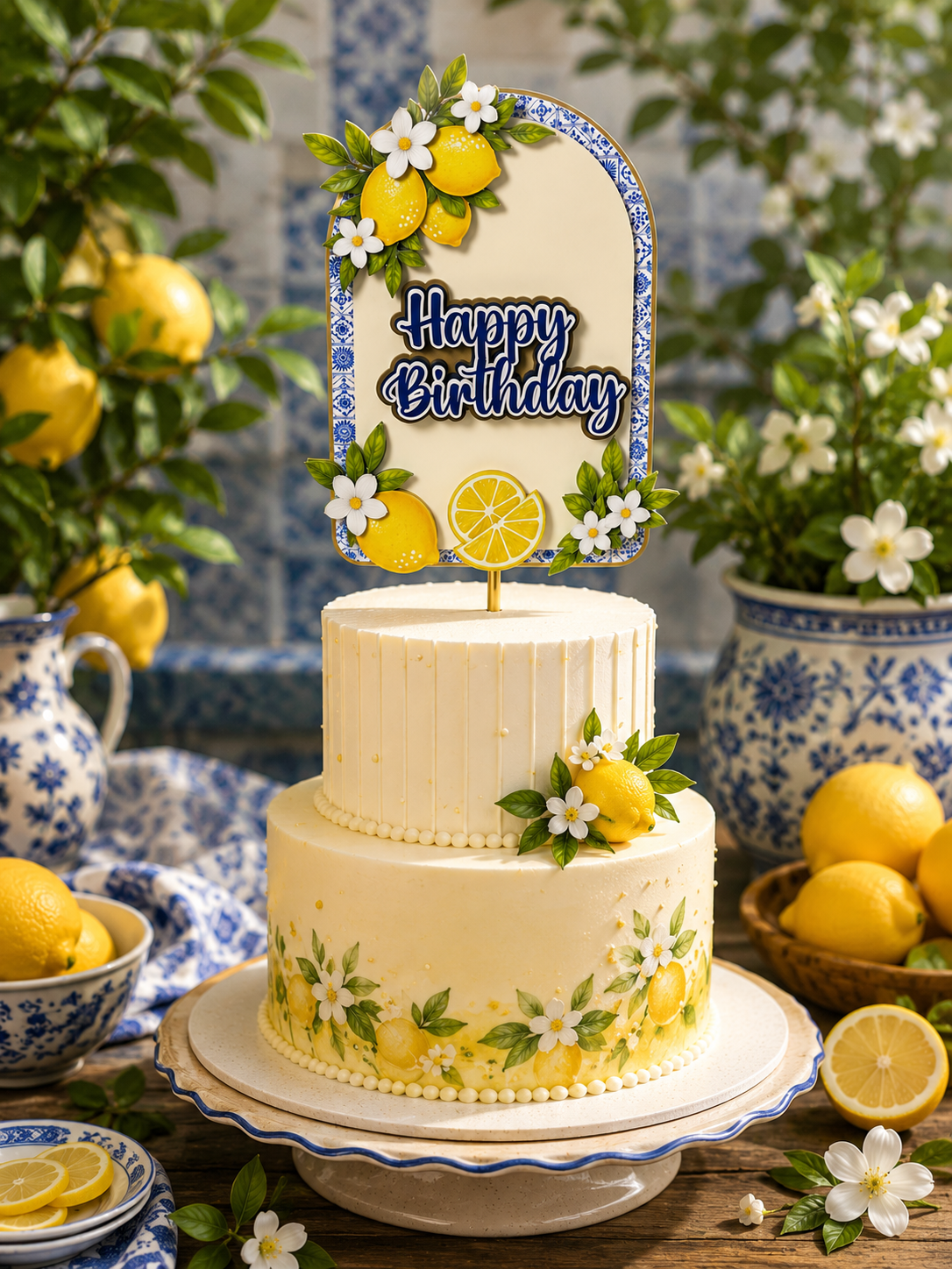 Mediterranean Lemon Birthday Cake Topper | Italian Lemon Party Decorations | Blue Tile Citrus Cake Topper | Personalized Lemon Birthday Decor