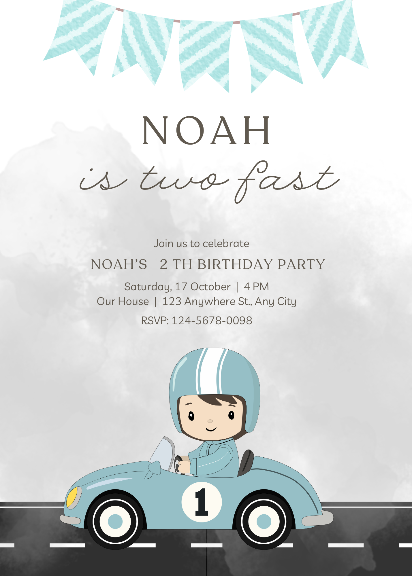 Racing Birthday Invitation | Two Fast | Blue Car | Editable and Personalized | 2-Year-Old Boy | Printable PDF/JPG