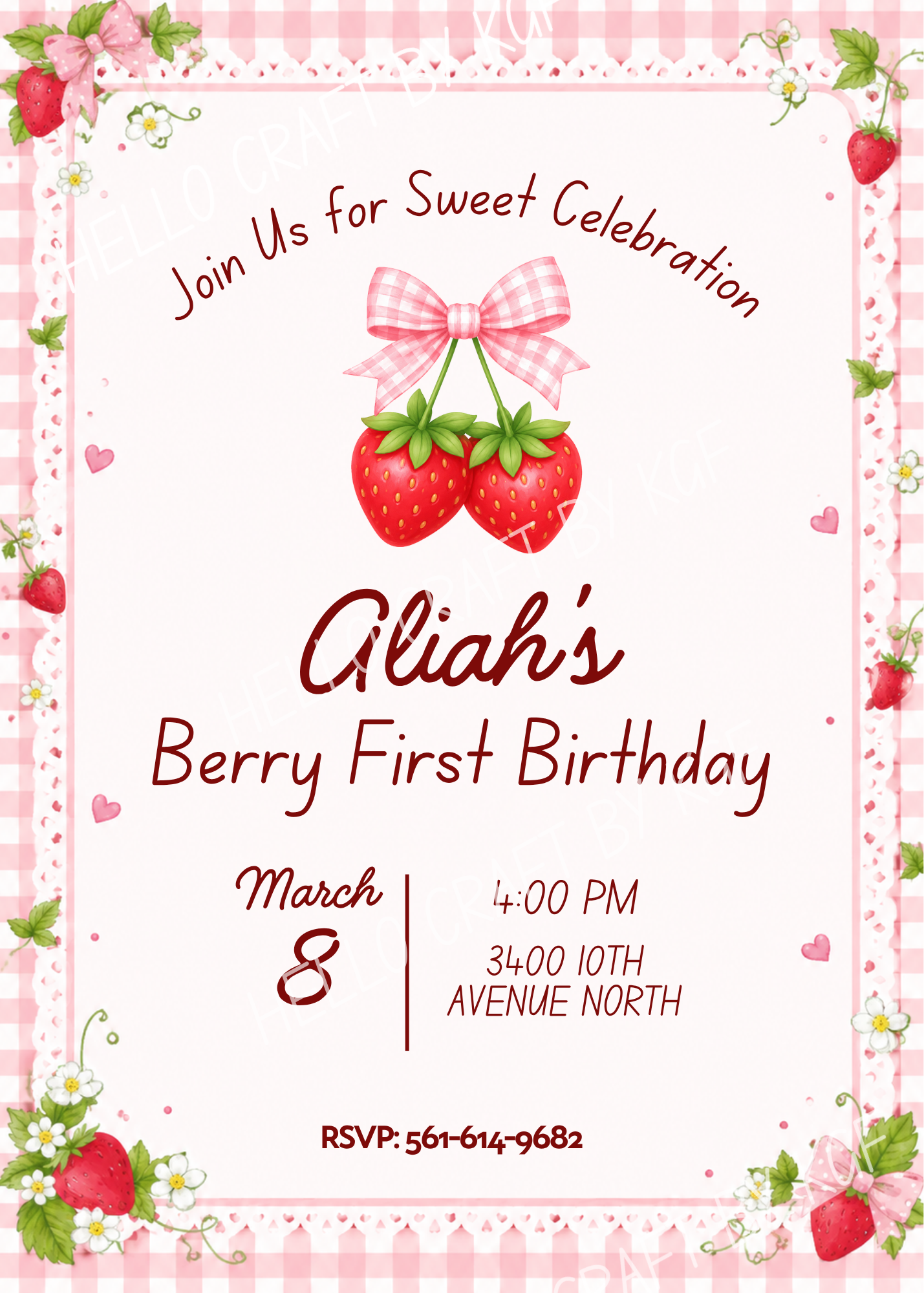 Berry First Birthday Invitation | Strawberry Shortcake Invitation | Pink Strawberry Birthday | Editable Template