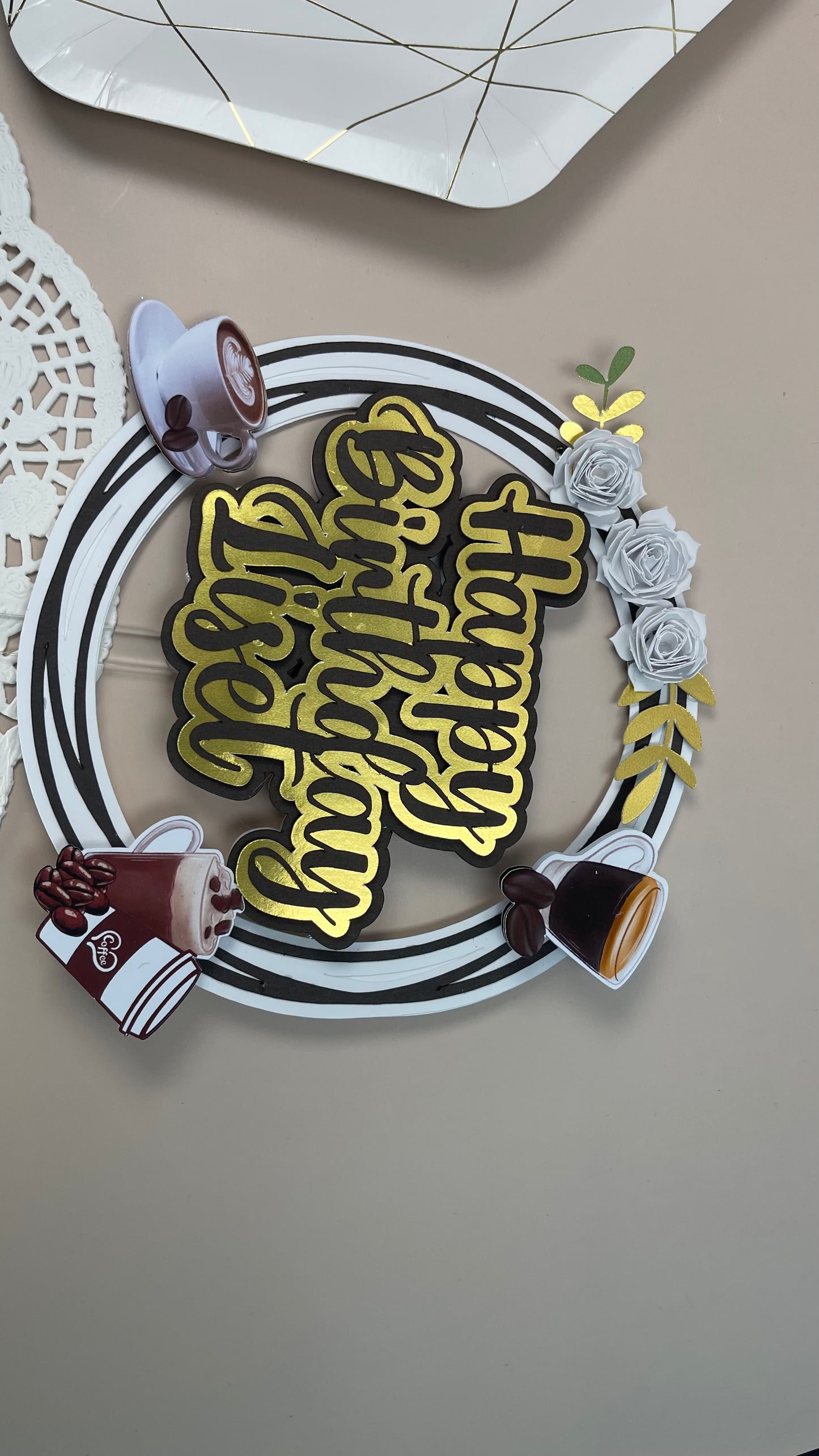 Happy Birthday Cake Topper Coffee Theme Personalized | Coffee Lover Birthday Decoration | Custom Name Cake Topper with Gold Accents