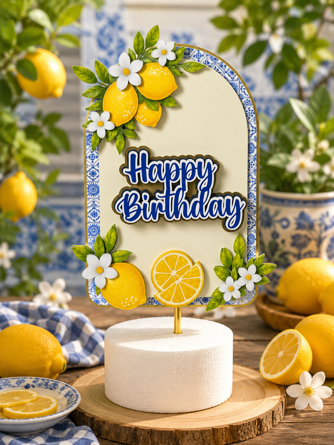 Mediterranean Lemon Birthday Cake Topper | Italian Lemon Party Decorations | Blue Tile Citrus Cake Topper | Personalized Lemon Birthday Decor
