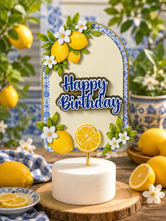 Mediterranean Lemon Birthday Cake Topper | Italian Lemon Party Decorations | Blue Tile Citrus Cake Topper | Personalized Lemon Birthday Decor
