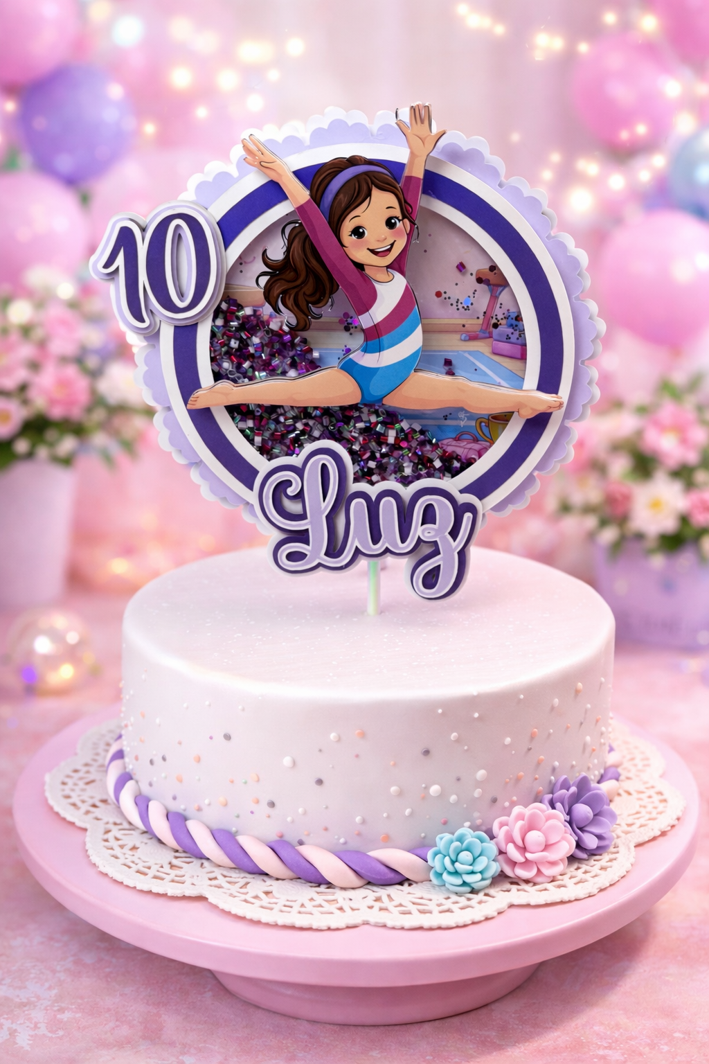 Personalized Gymnastics Cake Topper with Name and Age – Gymnast Birthday Cake Topper – Girl Gymnast Party Decor – Custom Shaker Topper