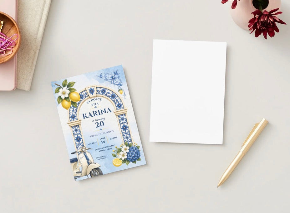 Mediterranean Lemon Party Invitation | Italian Tile Invitation | Dolce Vita Birthday Invite | Editable Canva Template | Instant Download
