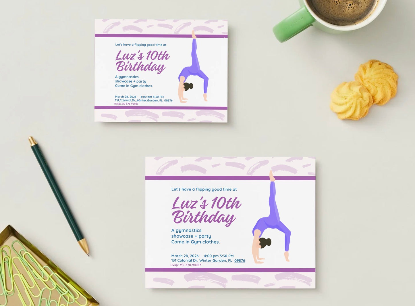 Gymnastics Birthday Invitation | Personalized Girl Birthday Invitation | Printed Invitations with Envelopes | Gymnast Invitation