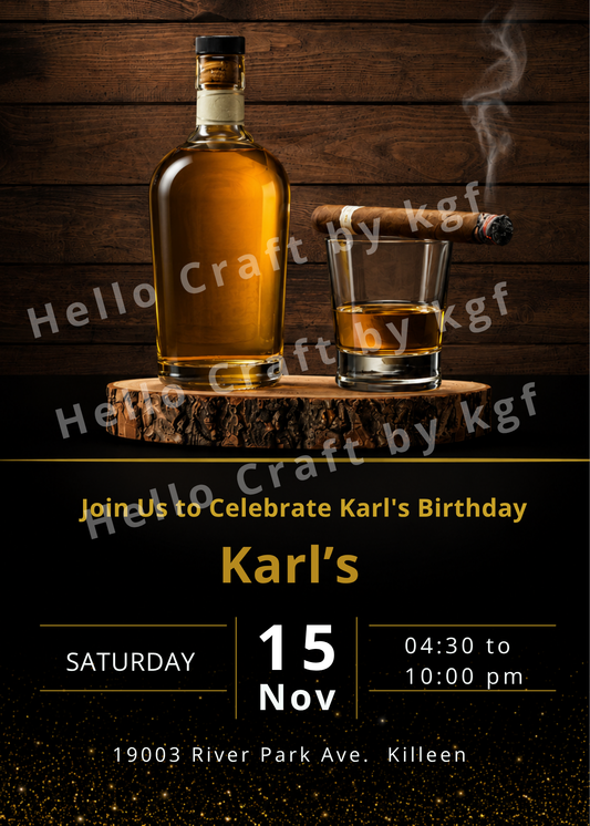 Whiskey Birthday Invitation Template | Cigar & Bourbon Birthday Party | Editable Men's Invite