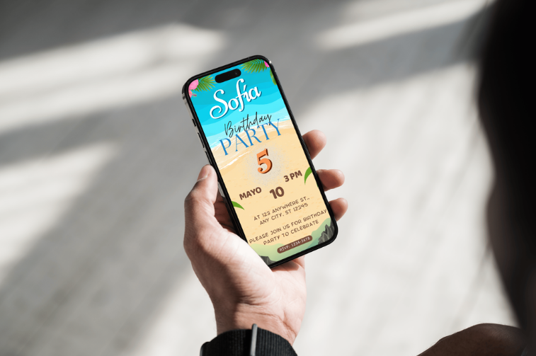 Editable Tropical Beach Birthday Invitation Template | Canva Invitation | Kids Summer Birthday | Instant Download