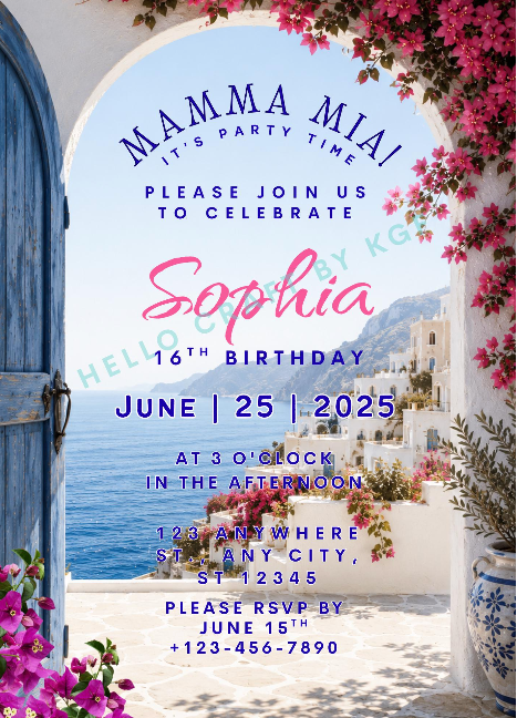 Mediterranean Birthday Invitation | European Summer Party Invite | Santorini Inspired Birthday | Blue & White Invitation | Editable Template