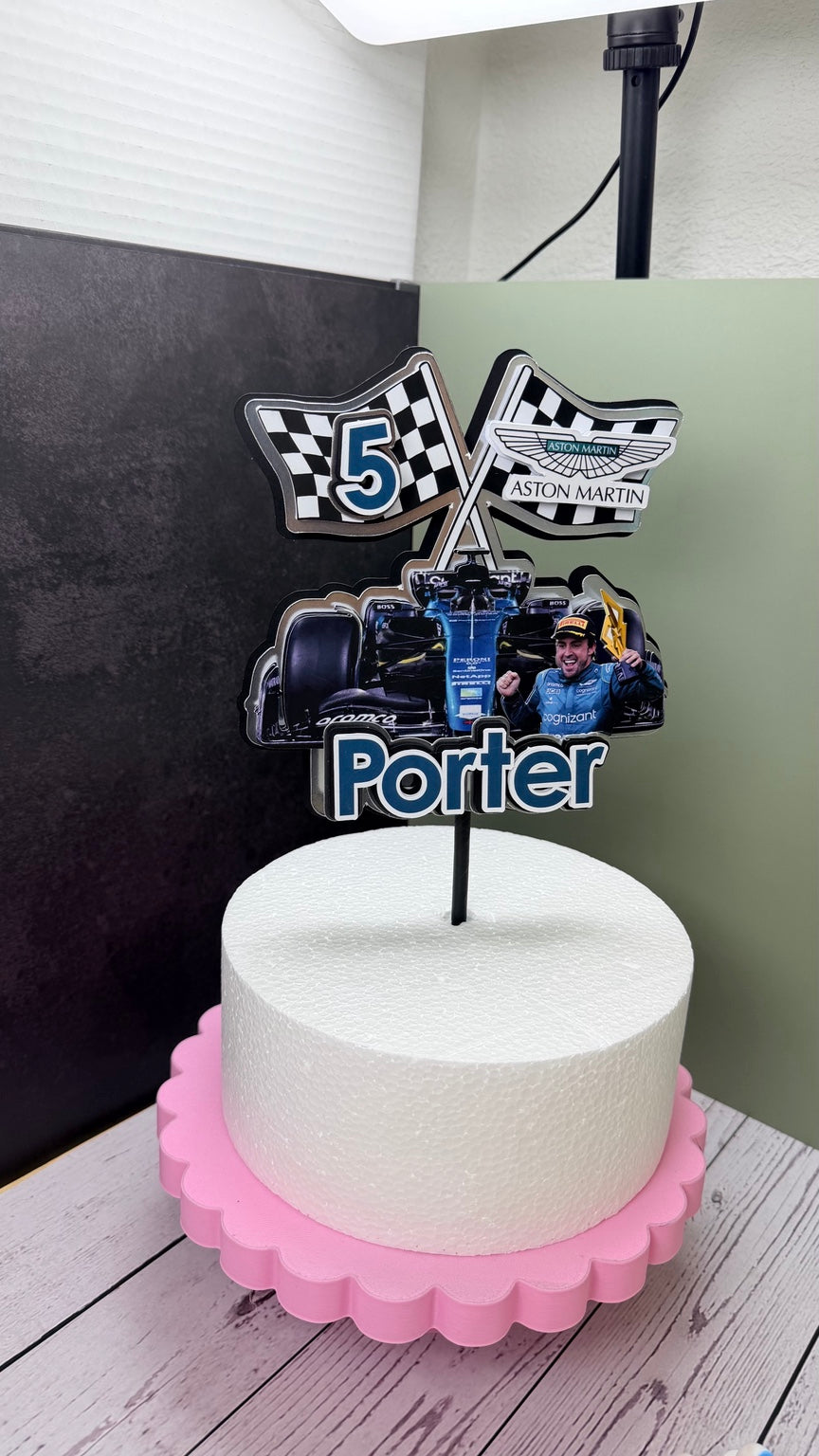 Original handmade Formula 1 Aston Martin cake topper with name Porter and age 5