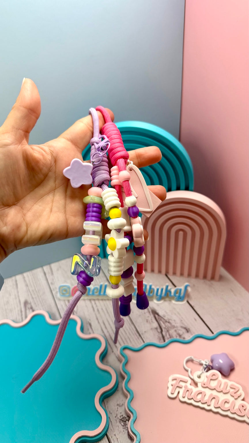 Pink personalized name bag charm with beads